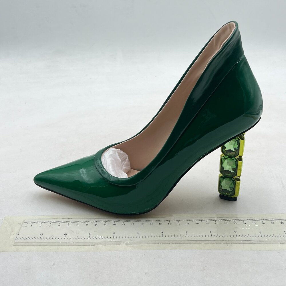 FSJ Green Pointed Toe Slip On Crystal Pump Gorgeou Three Diamonds High Heel Shoe